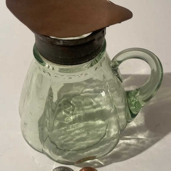 Vintage Green Glass Bottle with Copper Top, Syrup Bottle, Creamer, 6", Depressio - Picture 2 of 4